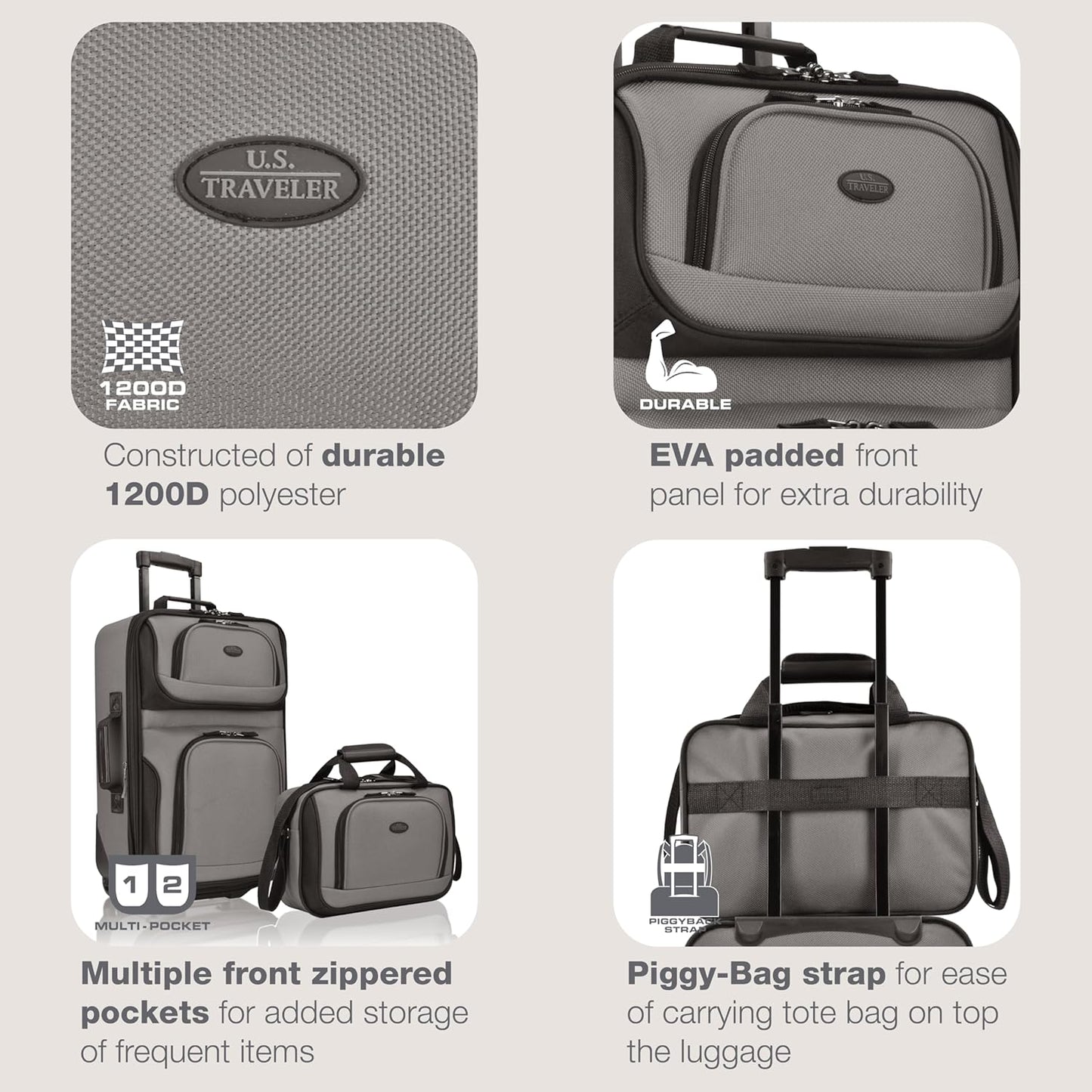 U.S. Traveler, Rio Rugged Fabric Expandable Upright Rolling Carry-on Luggage Set w/Tote Bag, Grey, 2-Piece (21/14)
