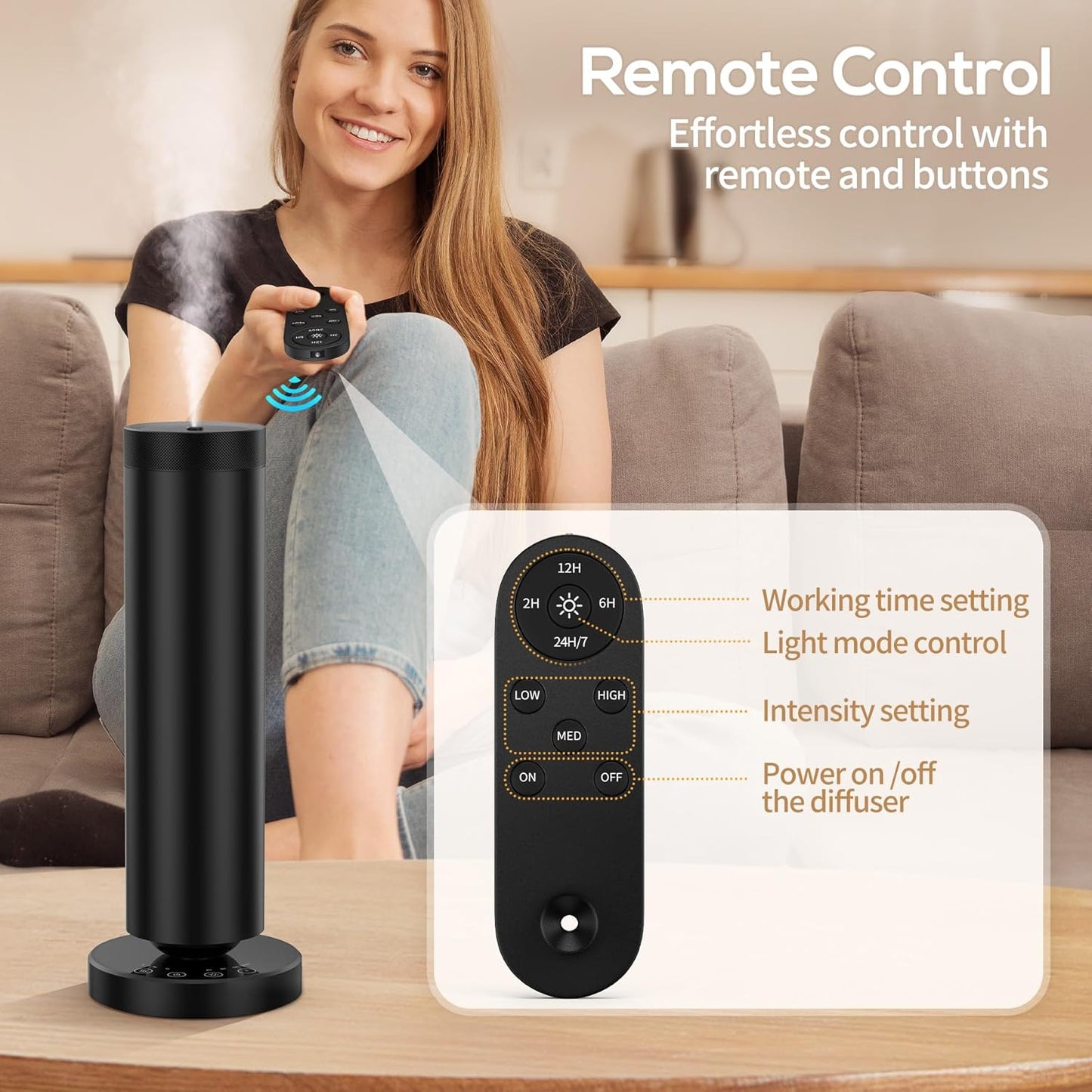 Waterless Diffuser with 90ML Essential Oils, Covers 1000 Sq Ft, Diffusers for Home Hotel, Adjustable Mist & Timer, Scent Diffuser Starter Kit with Night Light, Black