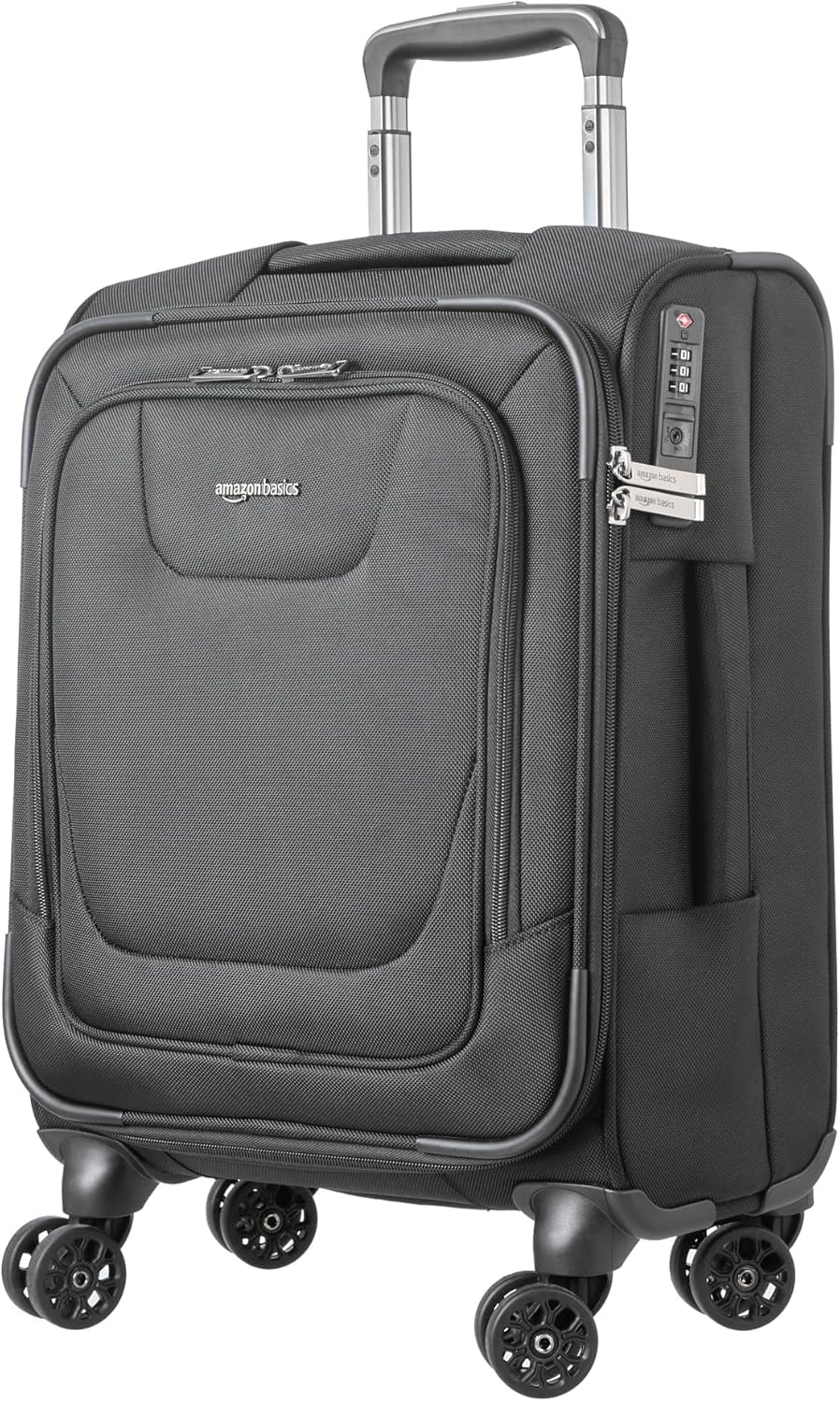 Amazon Basics 20" Luggage, Softside Suitcase With TSA Lock, 8 Spinner Wheels, Front Exterior Pocket, 3 Interior Pockets For Dry and Damp Clothes/Towels Separately, Black