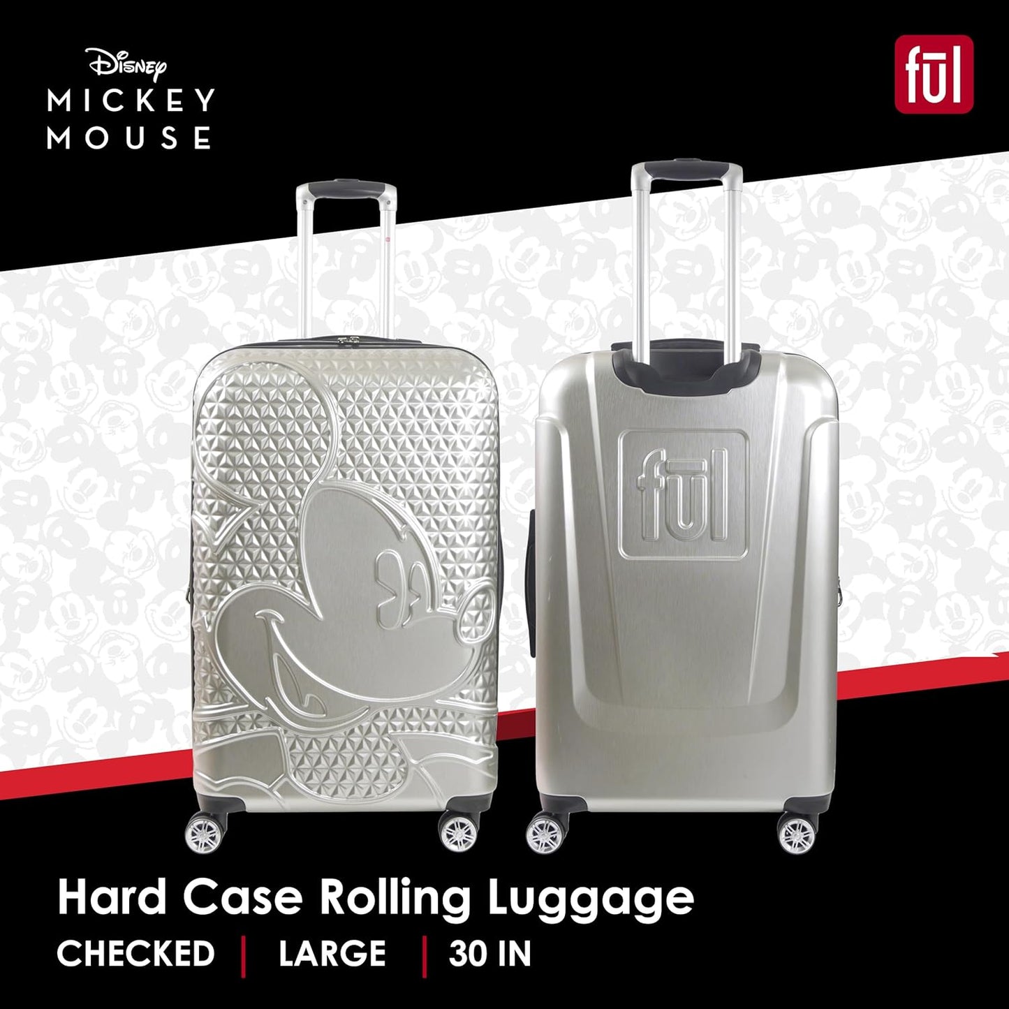 FUL Disney 30 Inch Rolling Luggage, Hardshell Suitcase with Spinner Wheels, Mickey Mouse-Silver