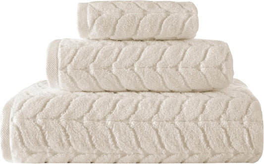 BAGNO MILANO Turkish Bath Towels, Soft Plush Jacquard Luxury Bath Towels, Quick Dry Towel Set (Cream, 3 pcs Towel Set)
