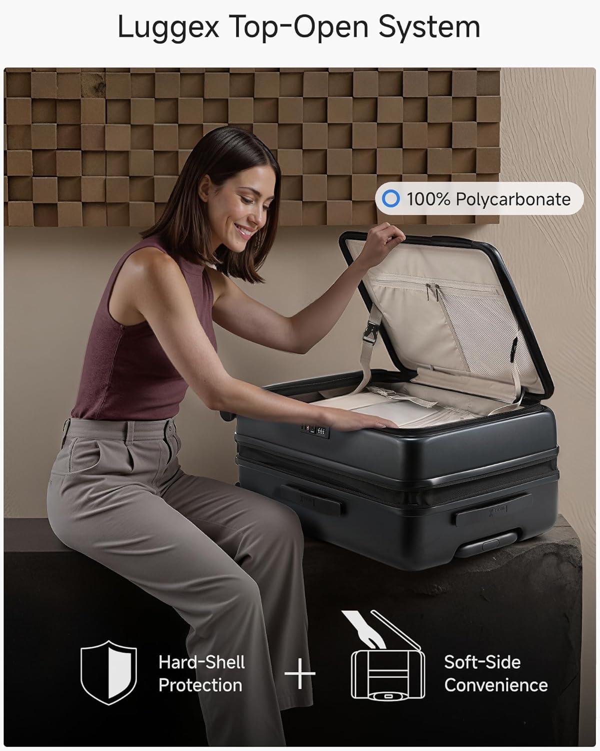 Checked Luggage with Spinner Wheels, FLO5 Expandable Polycarbonate Hard Shell Suitcase with TSA Approved Lock (FX-Core, Black, 24 Inch)