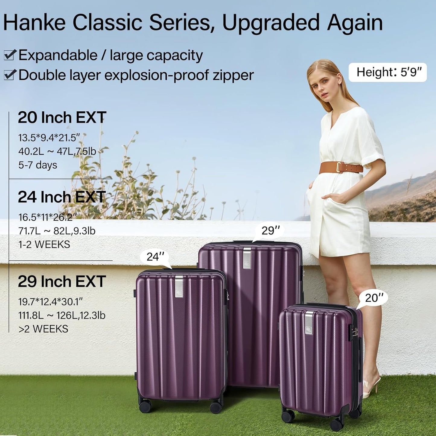 Hanke Expandable Hardshell Luggage Sets 3 piece Carry On Luggage with Wheels Suitcases Lightweight Checked Tsa Luggage Rolling Large Suitcase Travel Luggage Bag Woman Men 20/24/29 Inch(Purple)