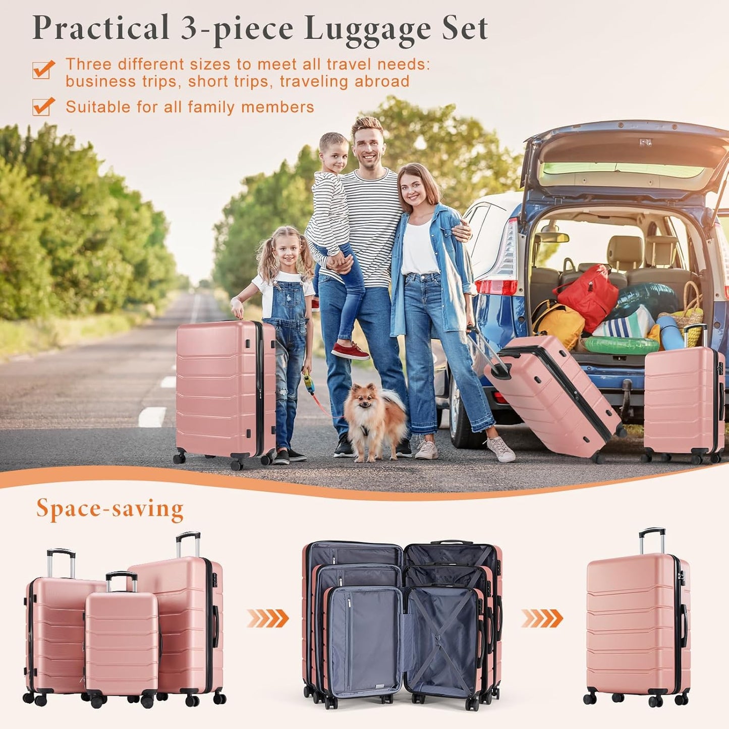 Sweetcrispy Luggage Spinner Wheels Lightweight Expandable Travel Hard Shell Suitcases with TSA Lock, Soft Pink, 3-PCS Set (20/24/28 Inch)