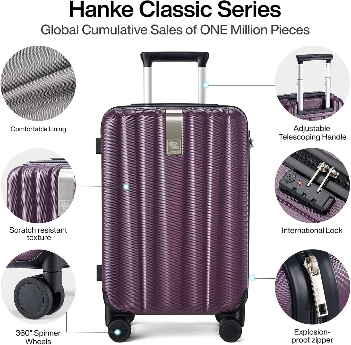 Hanke Luggage Sets 3 piece Carry On Luggage with Wheels PC Hard Shell Suitcases Lightweight Checked Tsa Luggage Extra Large Travel Suitcase Woman Men 20/24/29 Inch （Purple）