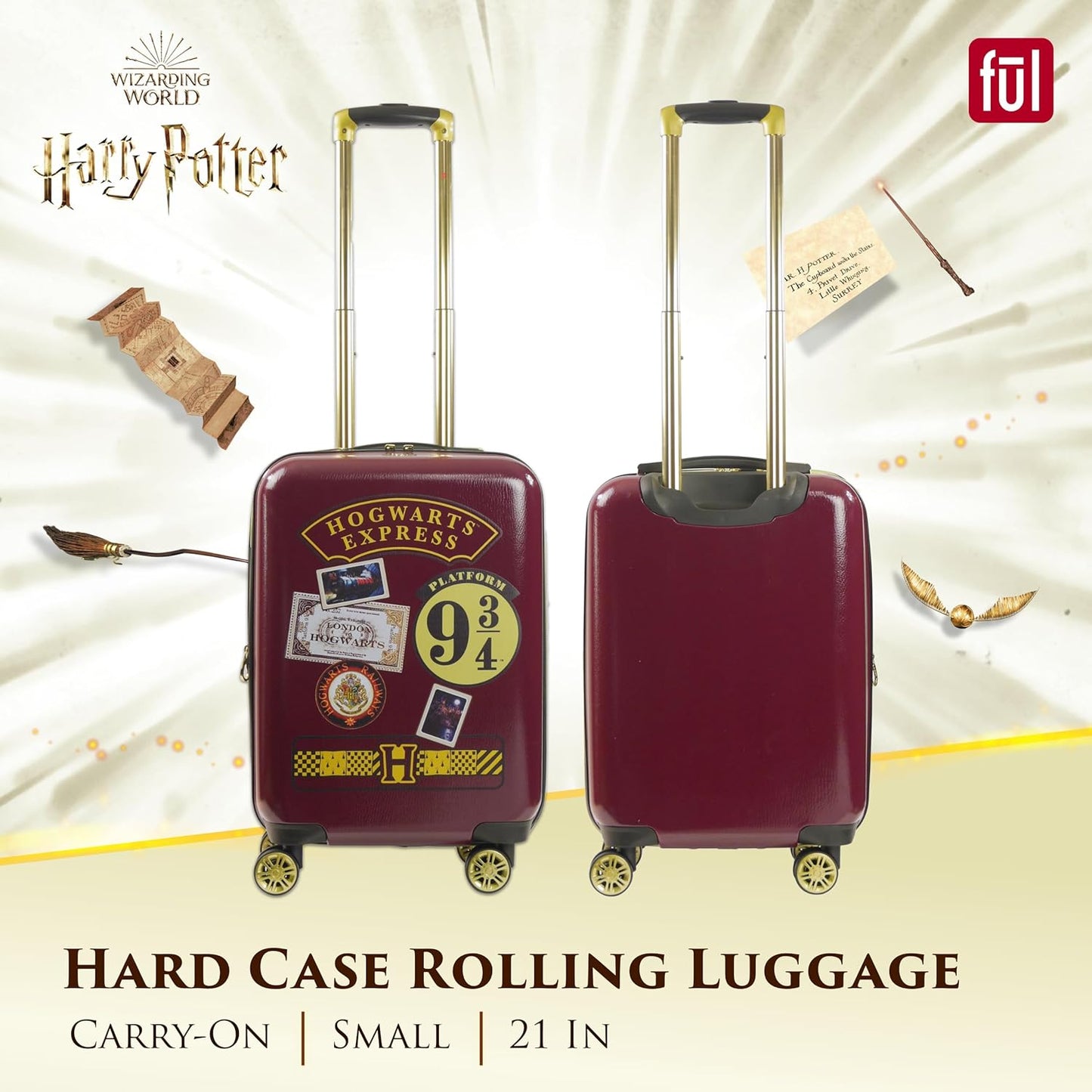 FUL Harry Potter 21 Inch Carry On Luggage, Hogwarts Express Hardshell Rolling Suitcase with Spinner Wheels, Burgundy