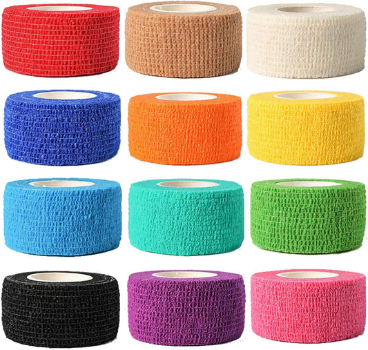 (12-Pack) 1” x 5 Yards | Self Adhesive Bandage Wrap, Kuvvfe Athletic Elastic Cohesive Bandage for Sports Injury,Strain,Knee & Wrist,Ankle Sprains & Swelling First Aid
