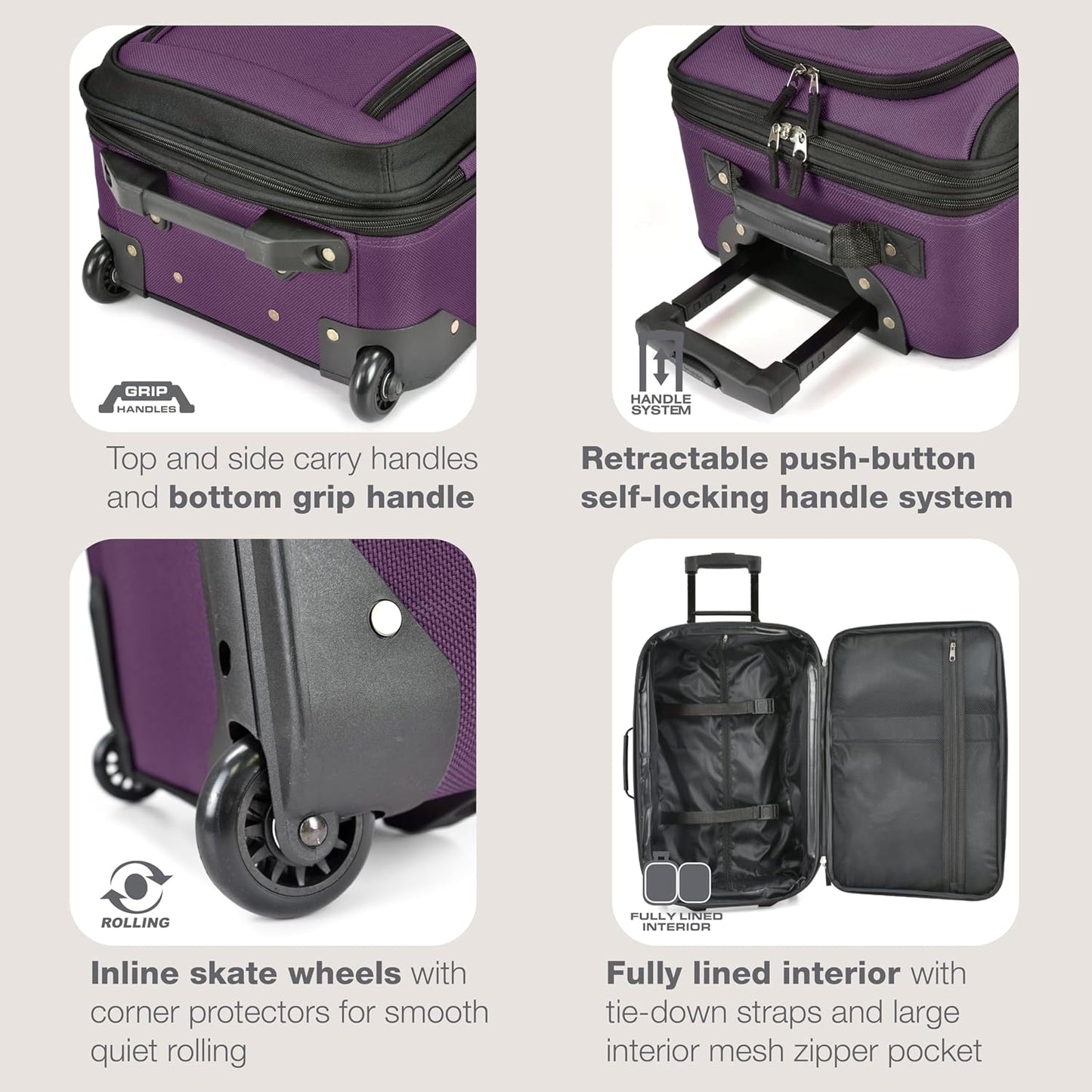 U.S. Traveler, Rio Rugged Fabric Expandable Upright Rolling Carry-on Luggage Set w/ Tote Bag, Purple, 2-Piece (21/14)