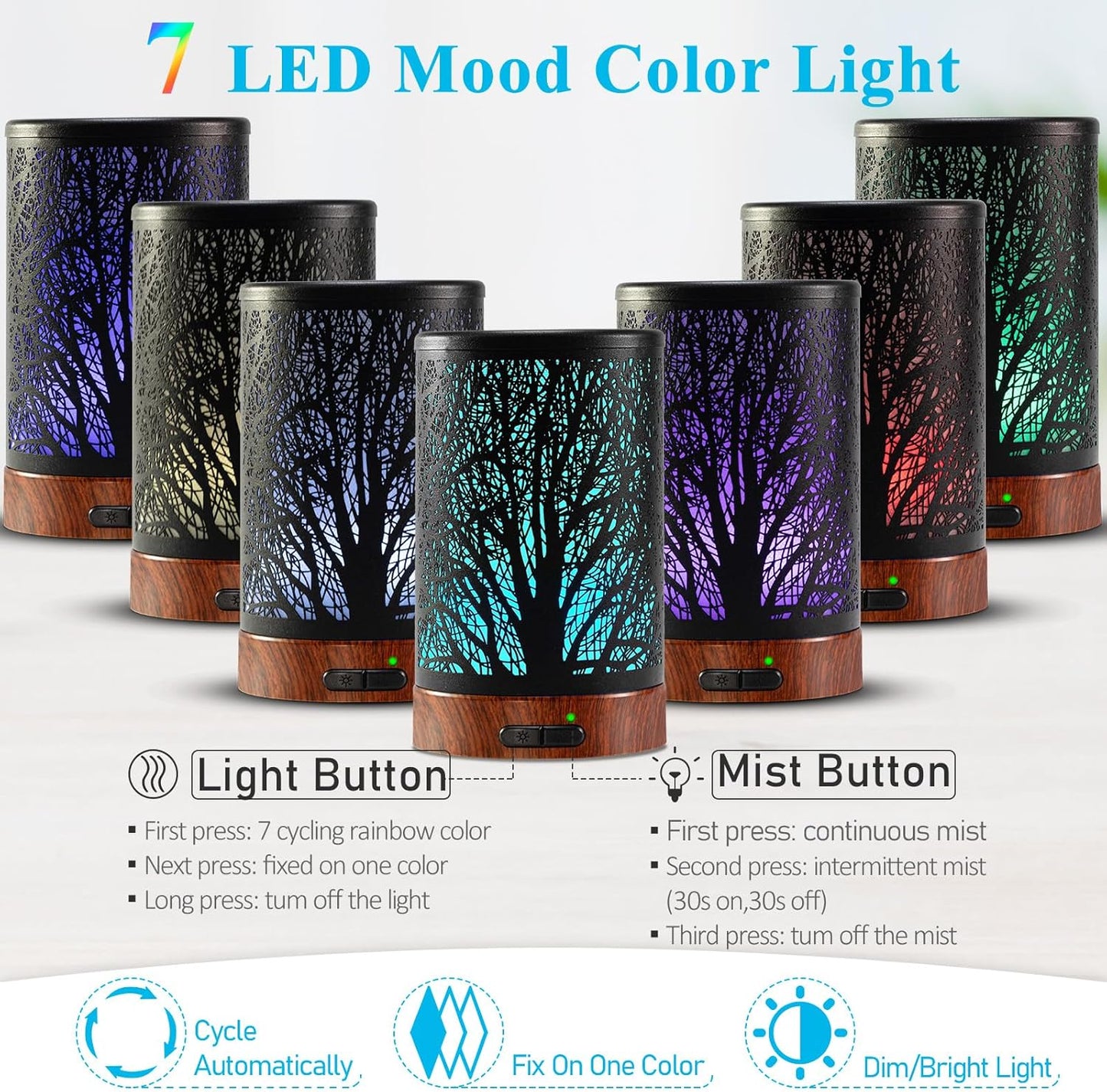 Essential Oil Diffuser - 150ML Metal Aromatherapy Diffuser for Essential Oils with 7 Colors Lights Gifts for Mom Waterless Auto Shut-Off & Ultrasonic Cool Mist Diffuser, Ambience for Home
