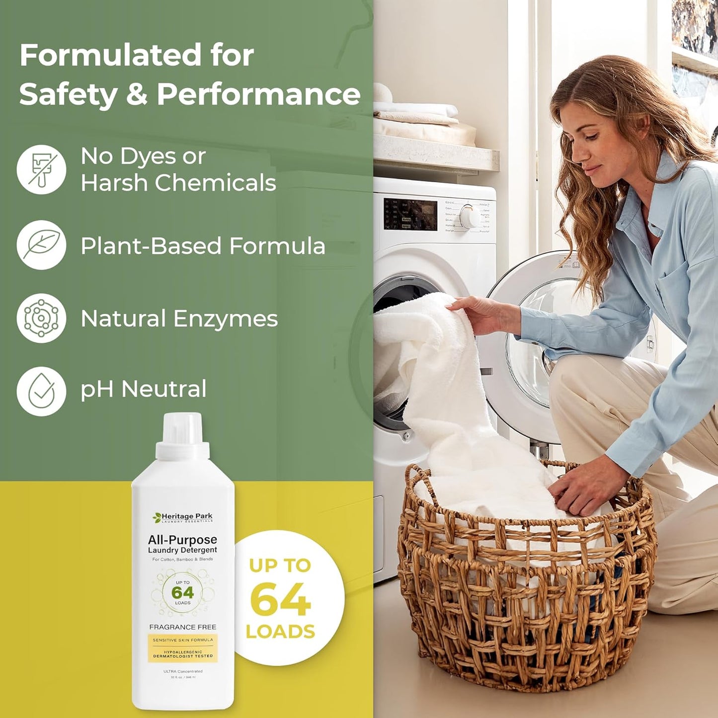 Heritage Park Luxury Laundry Detergent | Dermatologist Tested Plant based Natural & Enzyme Laundry Detergent | Sensitive Skin Friendly - Fragrance Free (32 fl oz)