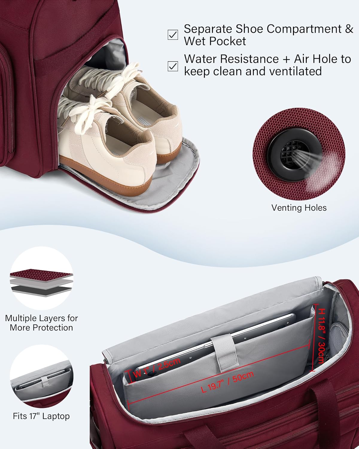 Carry on Duffel Bag Foldable Duffle Bags for Travel, Large Personal Item Bags for Airplanes, Weekender Overnight Mens Travel Tote Bag for Women Softside Carry on Luggage (Burgundy)