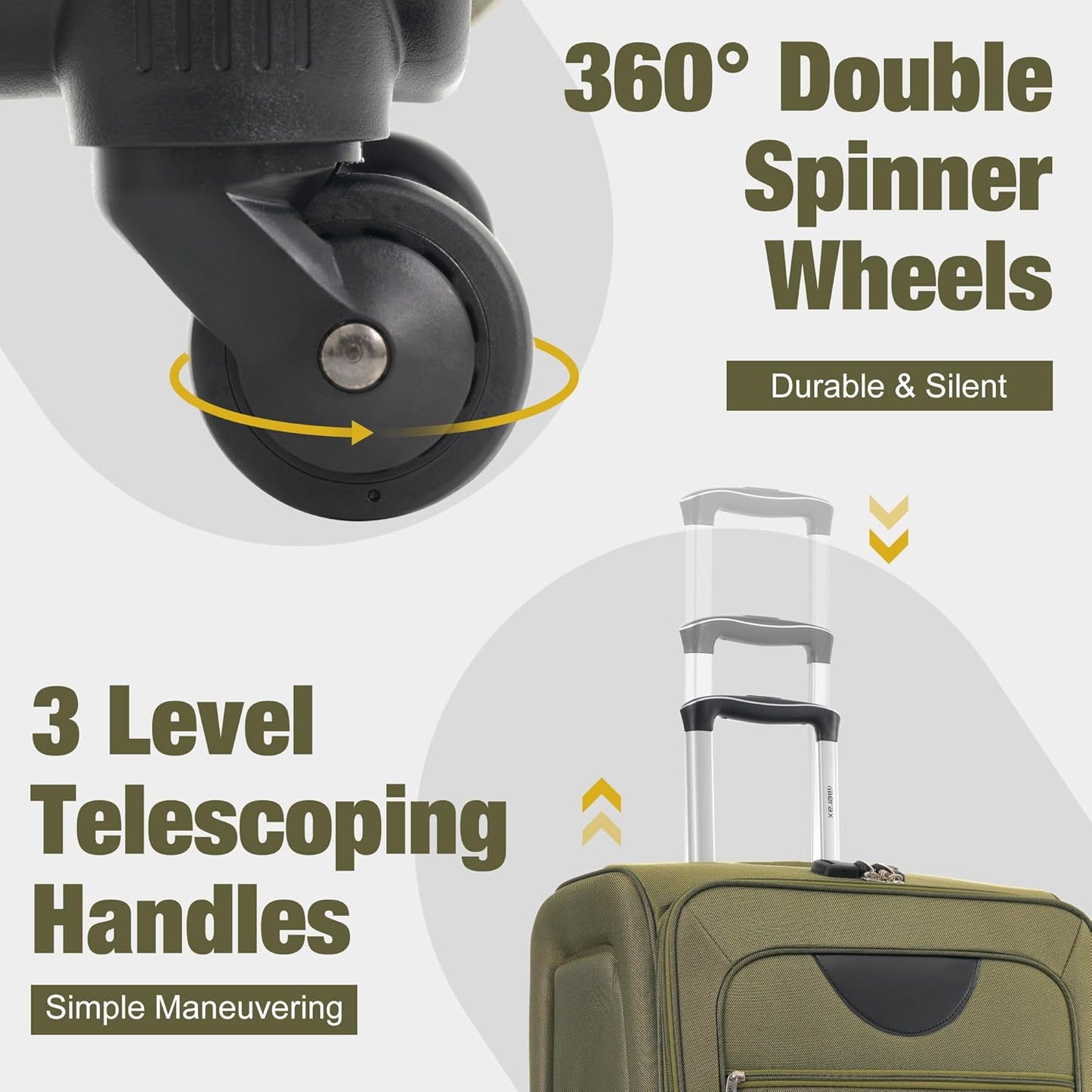 Merax Softside Luggage Set 3 Piece Suitcase with Duffel Bag Spinner Wheels Lightweight Expandable Travel Luggage 22" 26" 30",Army Green