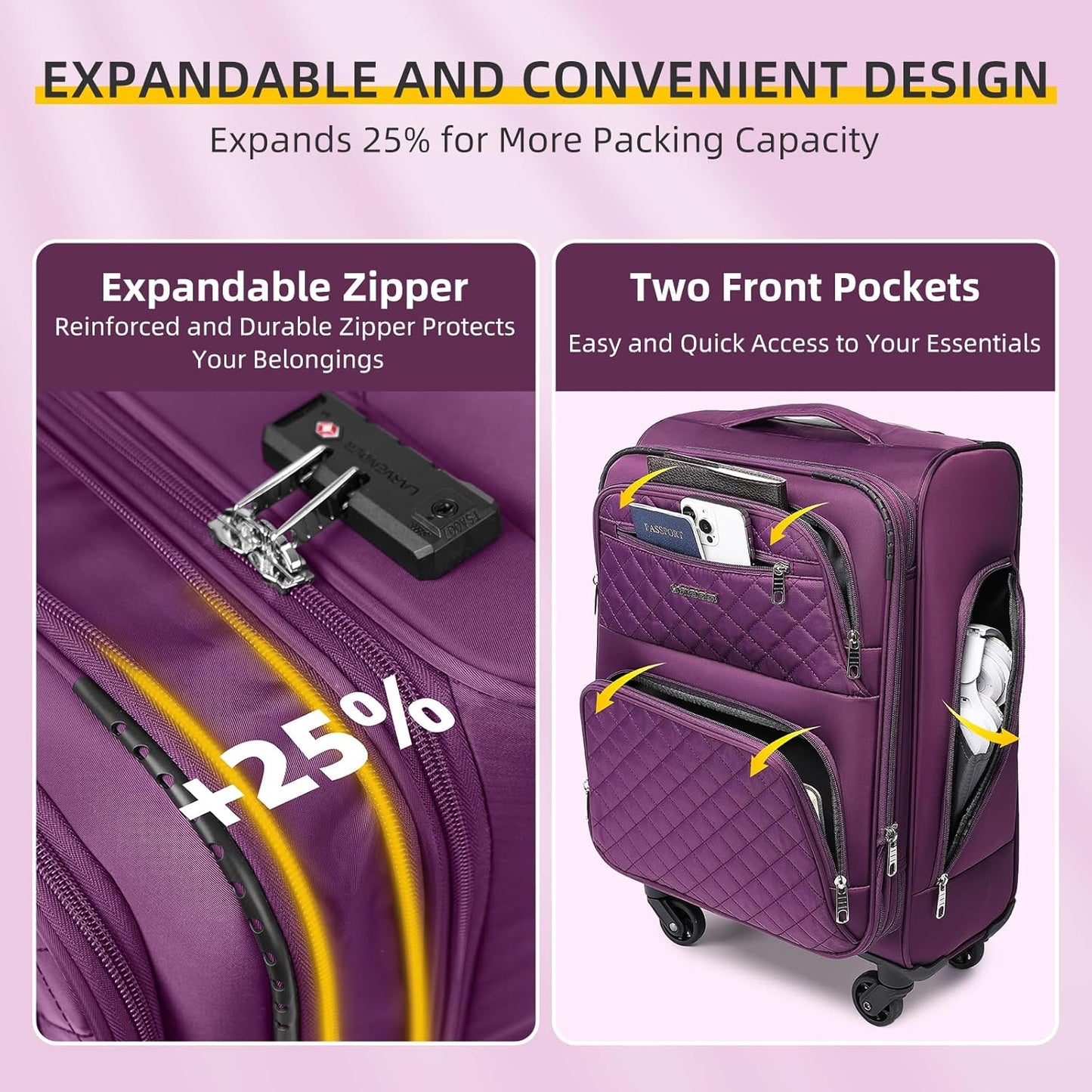 LARVENDER Softside Carry On Luggage 3 Piece, Expandable Carry On Luggage 22x14x9 Airline Approved 20-inch Carry on Suitcase with Spinner Wheels for Men Women, TSA Lock, Purple (20/BP/TB)