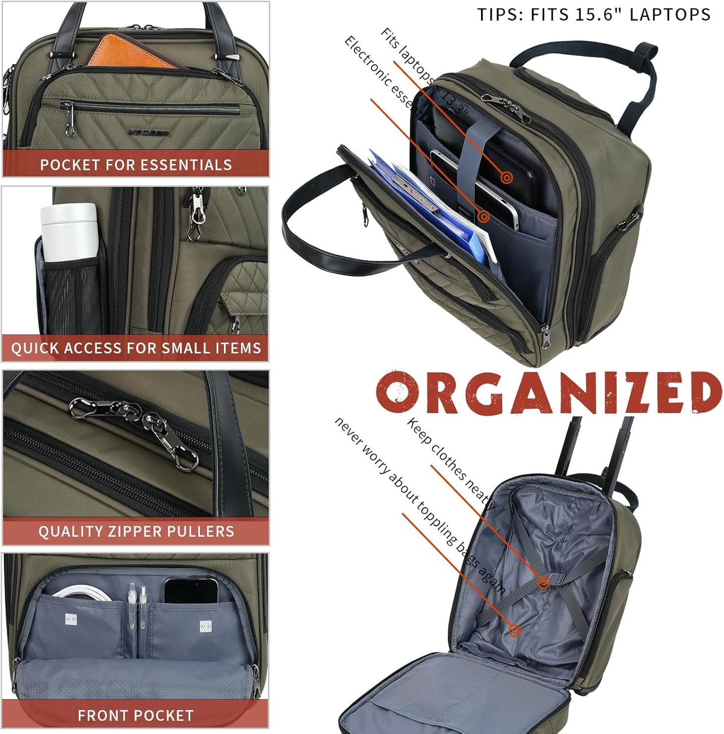 KROSER Carry On Underseat Multi-functional, 16-inch Underseater Lightweight Overnight Suitcase for Women, Olive