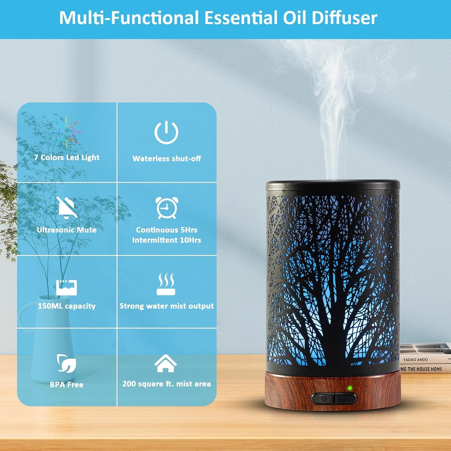Oil Diffuser & Essential Oils Set - Oil Diffuser 150ml with 6 Essential Oils Set, Aromatherapy Cool Mist Oil Diffusers for Essential Oils, Waterless Auto Shut-Off，7 Colors Night Light,Gifts for Mom