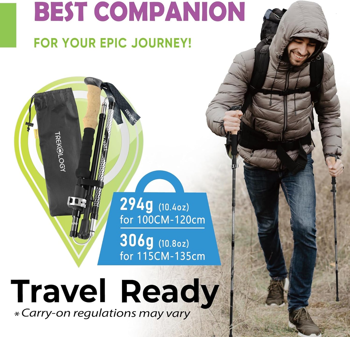 Trekology Trek-Z Collapsible Hiking & Trekking Poles - Balance Support for Seniors, Women, and Men, 2pc Per Set