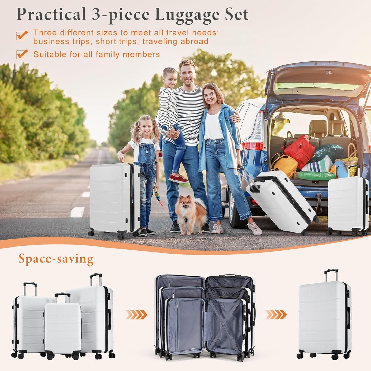 Sweetcrispy Luggage Spinner Wheels Lightweight Expandable Travel Hard Shell with TSA Lock, Raw White, 3-PCS Set (20/24/28 Inch)