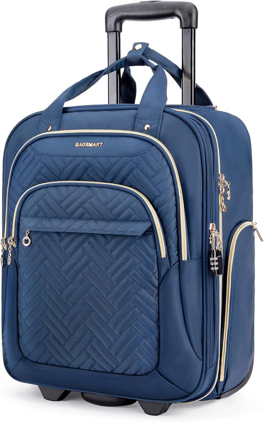BAGSMART Underseat Carry On Luggage Airline approved,16-inch Small Underseater Softside Travel Suitcase with Wheels Lightweight Overnight Rolling Carry-on Luggage for Women Men Weekender,Dark Blue