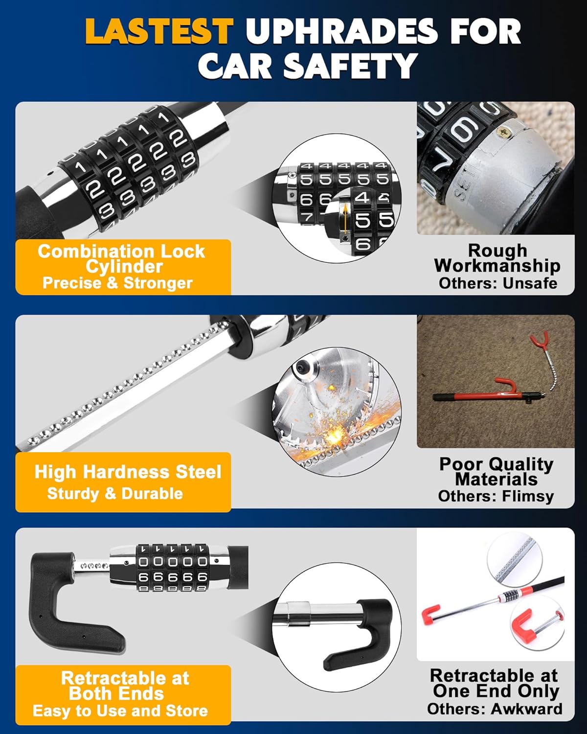 Tevlaphee Steering Wheel Lock Anti Theft Device Retractable Brake Pedal Lock Keyless Password 5 Coded Combination Anti Theft Car Security Device Heavy Duty Universal Fit for Vehicle Car Truck Van SUV