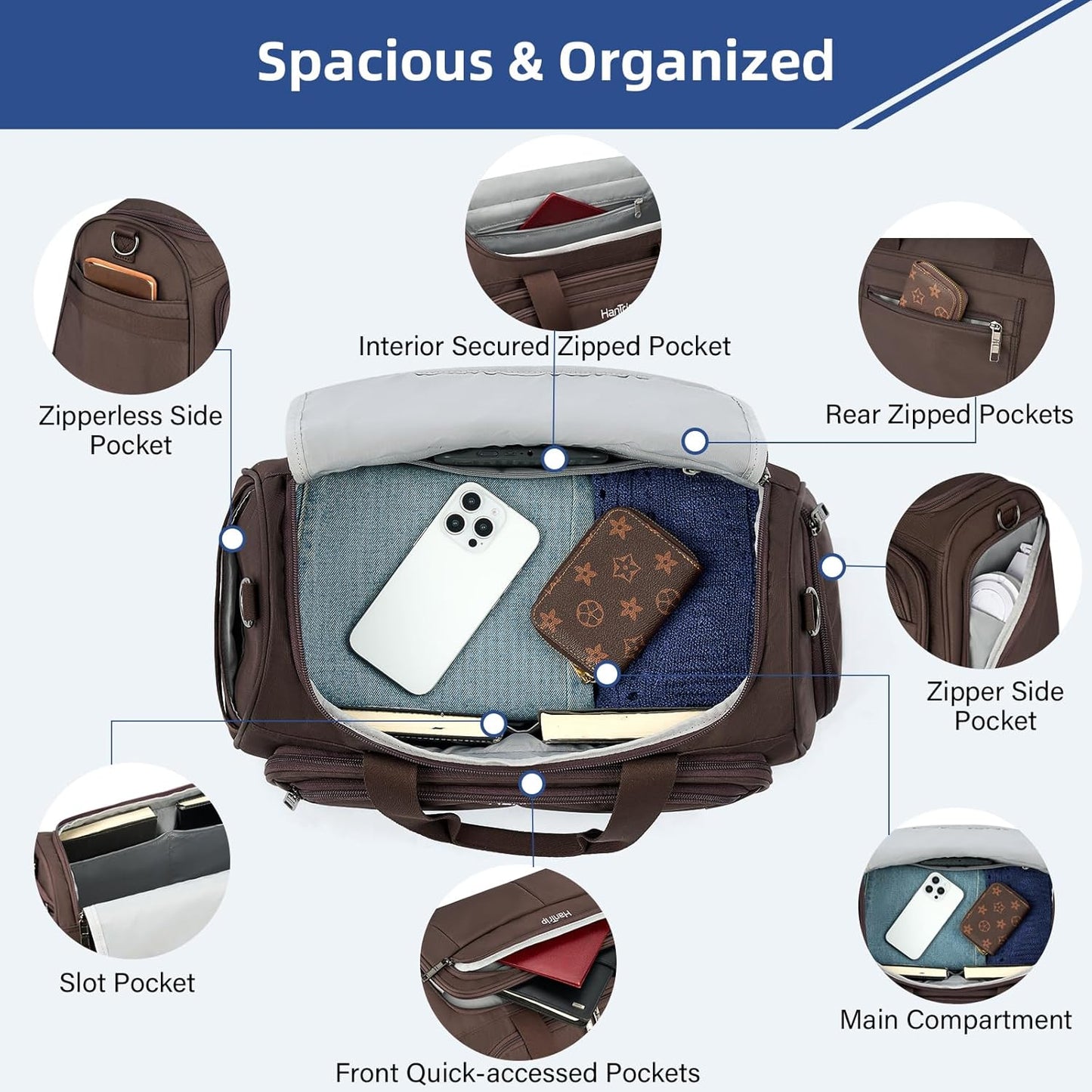 Carry on Duffel Bag Foldable Duffle Bags for Travel, Under Seat Personal Item Bags for Airplanes, Weekender Overnight Mens Travel Tote Bag for Women Small Softside Carry on Luggage (Coffee)