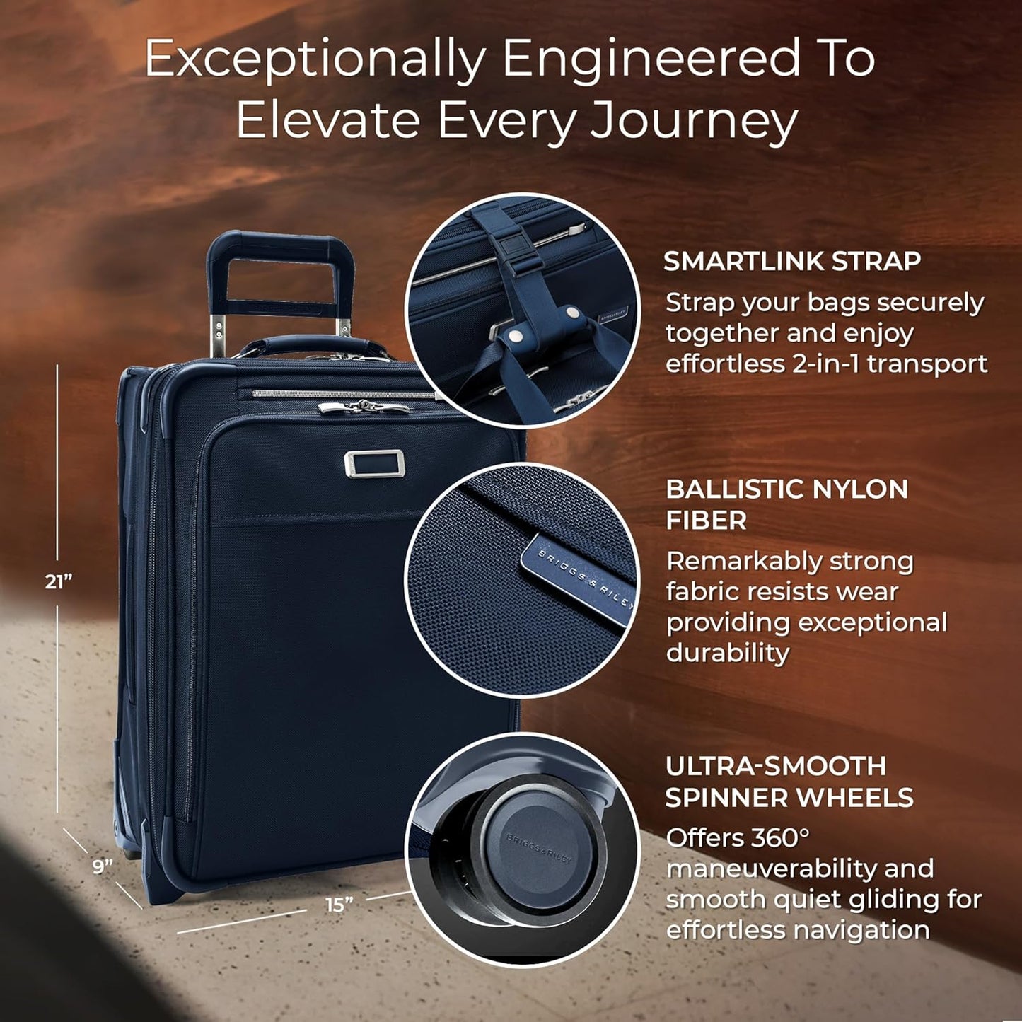 Briggs & Riley 21" Global 2-Wheel Expandable Carry On - Luggage for Travel, Suitcases with Wheels, Softside Rolling Bag for Men & Women, Self-Repairing Zipper - Baseline Collection, Navy