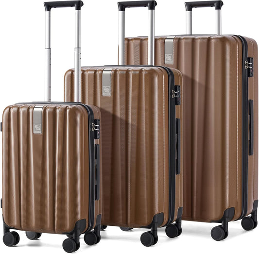Hanke Luggage Sets 3 piece Carry On Luggage with Wheels PC Hard Shell Suitcases Lightweight Checked Tsa Luggage Extra Large Travel Suitcase Woman Men 20/24/29 Inch （Brown）