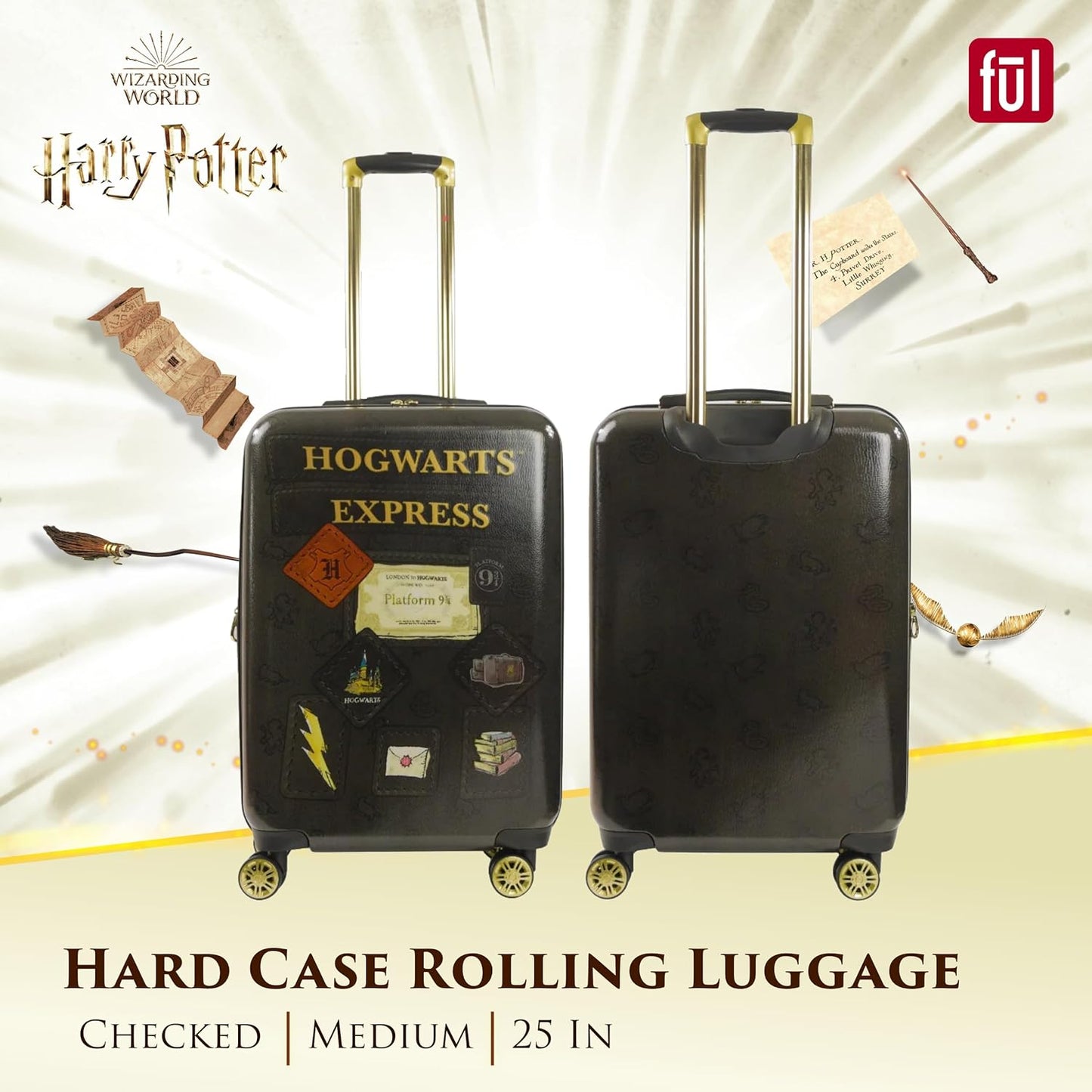 FUL Harry Potter 25 Inch Rolling Luggage, Hogwarts Express Hardshell Suitcase with Spinner Wheels, Black
