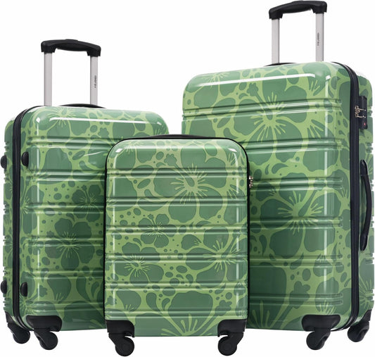 Merax Luggage Sets 3 Piece, Hardside Suitcase Set with Spinner Wheels, Lightweight Printing Luggage Carry on,20+24+28 IN,Green
