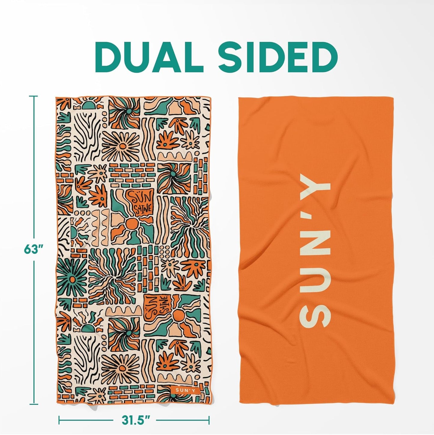 SUN'Y Waffle Microfiber Beach Towel – Sand Free, Quick Dry, Ultra Absorbent, Lightweight & Compact Travel Towel with Carry Bag - Large (63” x 31.5”), Groovy