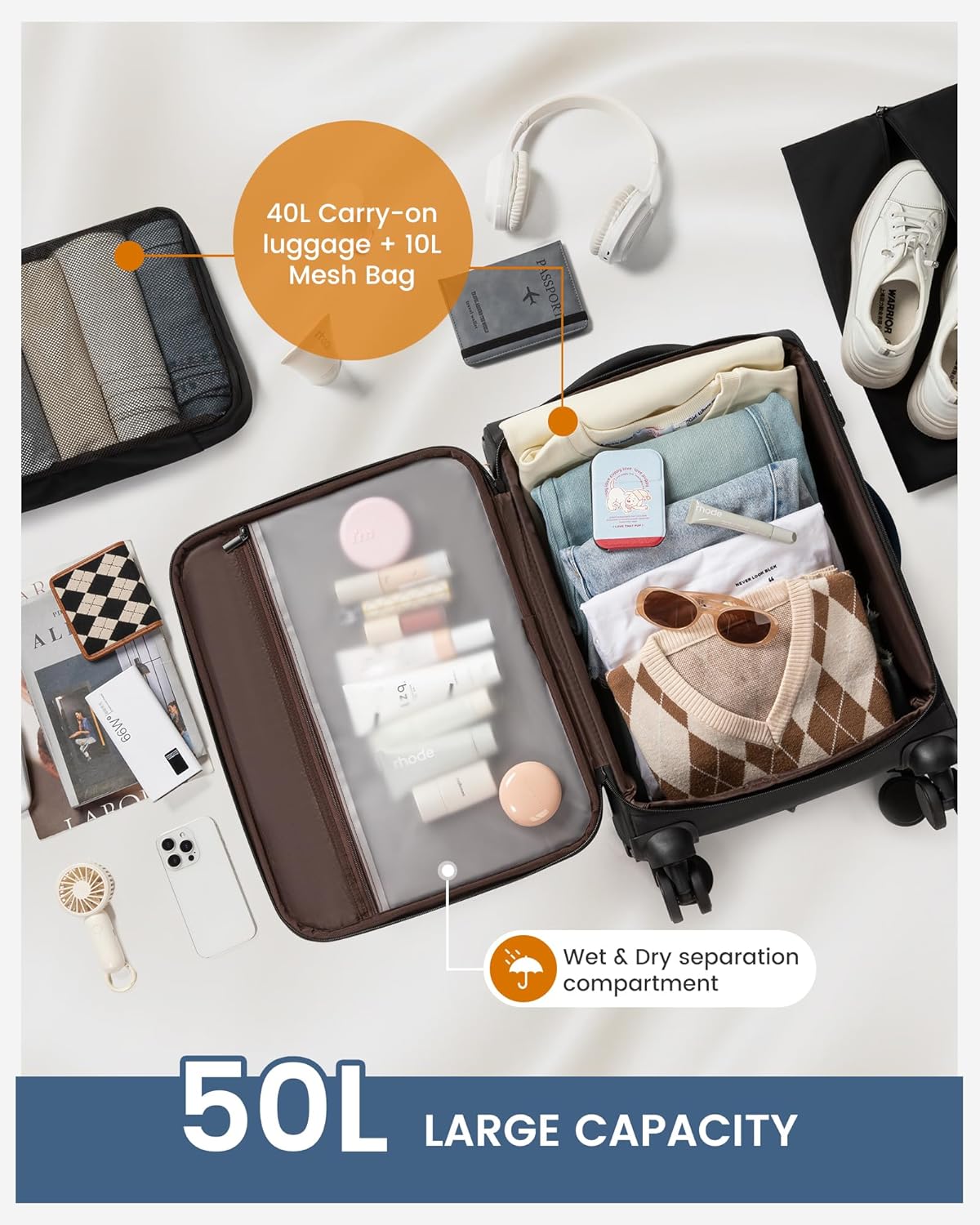 Carry On Luggage 22x14x9 Airline Approved, 22-Inch Suitcases with Spinner Wheels, Softside Carry-on Luggage with TSA Lock for Men Women Business Trip, Lightweight Large Capacity Luggage for Travel