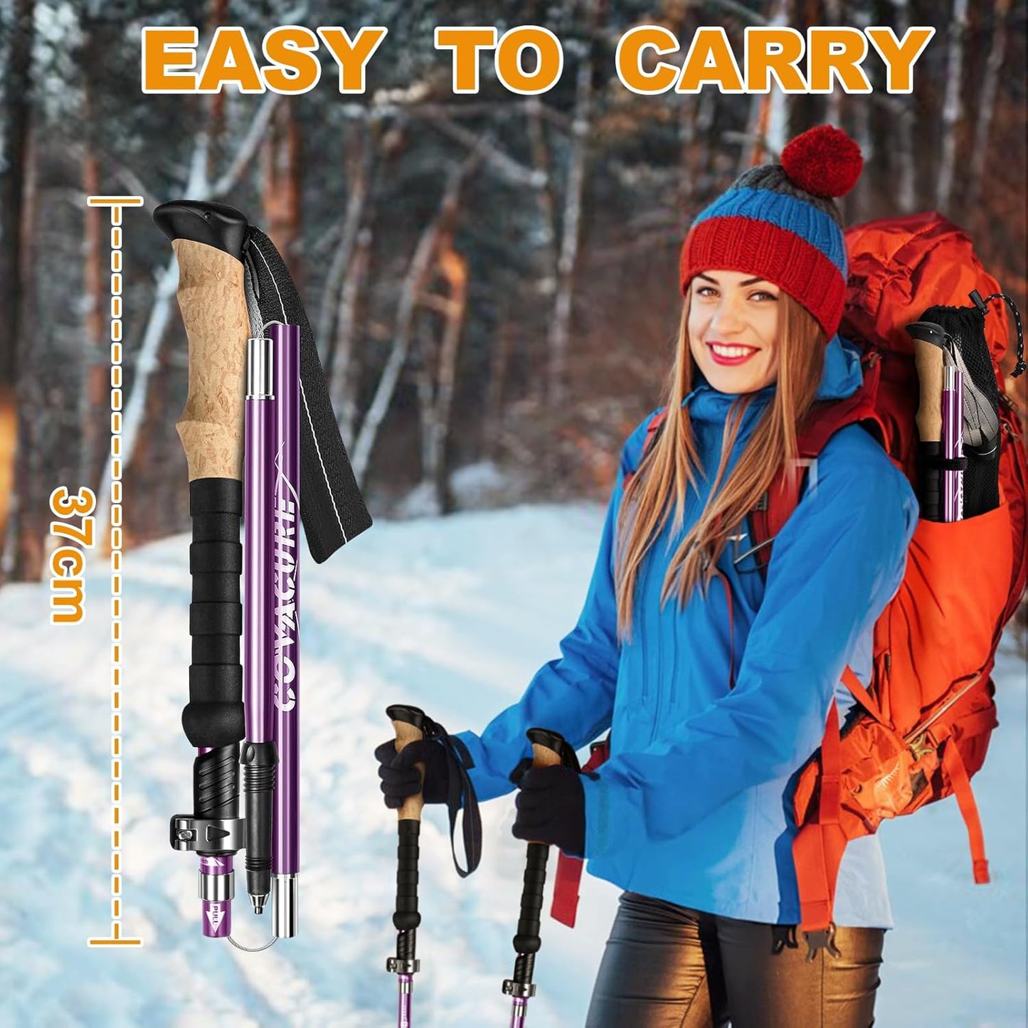 COVACURE Hiking Poles - Aluminum Alloy 7075 Trekking Poles Collapsible with Telescopic, Lightweight & Foldable Tri-fold Design Walking Sticks for Men and Women, Camping Backpacking