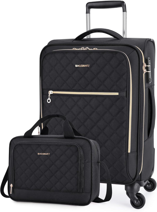 BAGSMART Carry On Luggage 20 Inch, Expandable Suitcase, Luggage with Duffel Luggage Airline Approved Rolling Softside Suitcases Women Men, Carry-On Black Square Quilted
