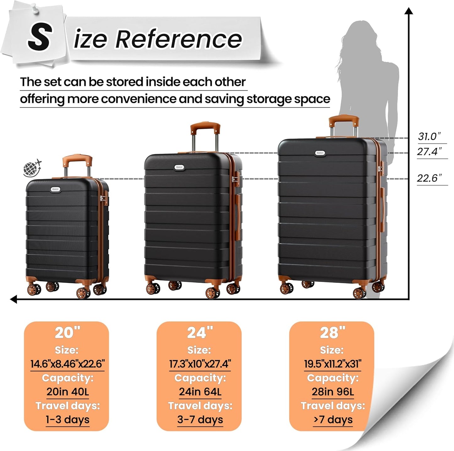 AnyZip Luggage Sets 3 Piece Hardshell Suitcase Set PC ABS Lightweight Travel Suitcases with 4 Double Spinner Wheels TSA Lock 20 24 28 Inch Black Brown