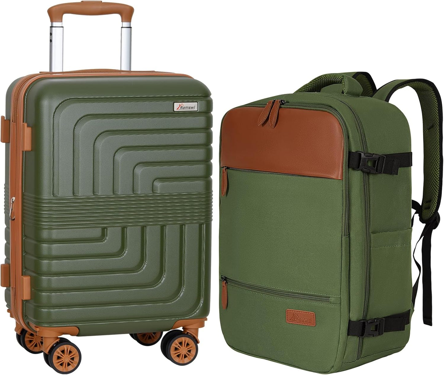 Romswi Luggage Sets 2 Piece, Expandable Carry On Luggage 20In with Travel Backpack, PC+ABS Hardside Suitcase Set with TSA Lock, Durable Carry On Suitcase with Spinner Wheels Green