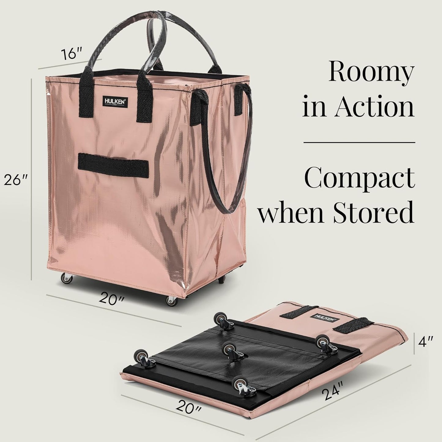 (Large, Rose Gold) Reusable Grocery Bag On Wheels, Shopping Trolley, Rolling Tote, Zipper Closure, Lightweight, Carries Up to 66 lb, Folds Flat, Unbreakable Handles