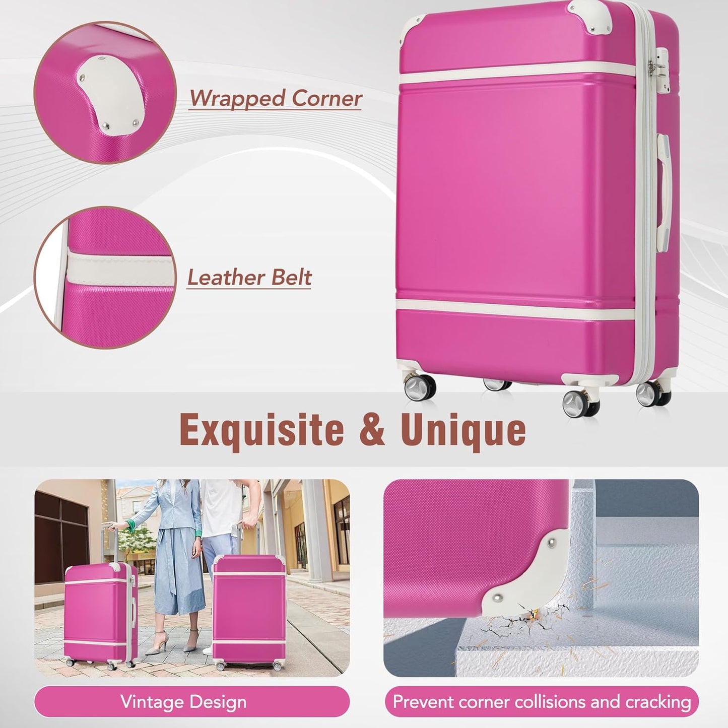 Merax Luggage Set 3 Piece Suitcase Set with 1 Cosmetic Case Expandable Spinner Wheels Vintage Luggage Sets(Pink,20"+24"+28")