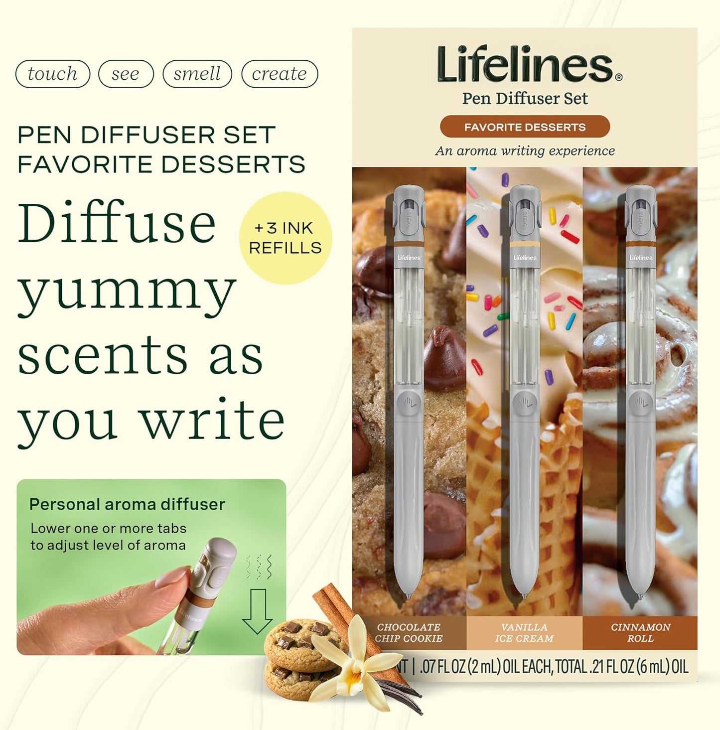 Lifelines Pen Diffuser Set, Favorite Desserts 3-Pack - 1mm Black Ballpoint Pens with Scented Essential Oil Blends – Aromatherapy Diffuser & Sensory Immersion Diffuse Aroma As You Write