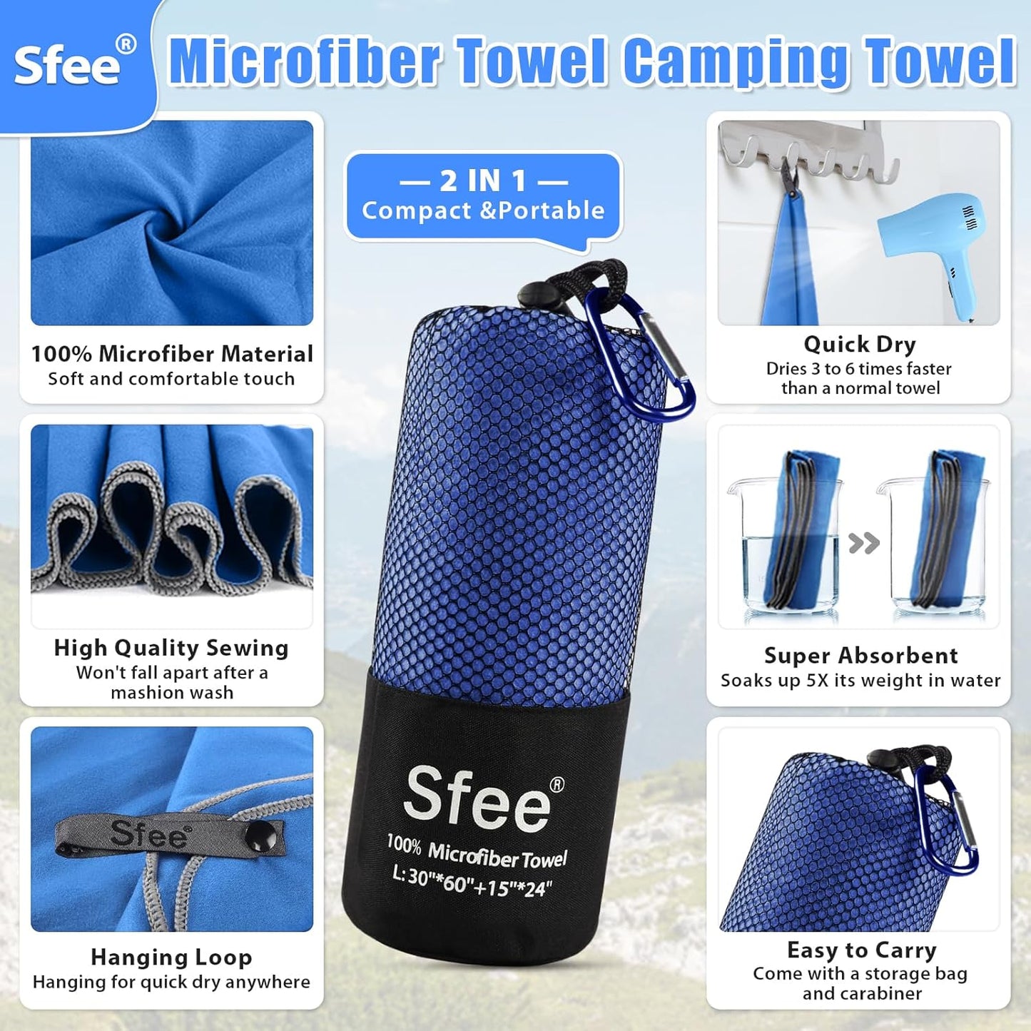 Sfee 2 Pack Microfiber Travel Towel, Quick Dry Camping Towel Super Absorbent Compact Lightweight Sports Gym Towels Set for Gym, Hiking, Pool, Backpacking, Bath, Yoga