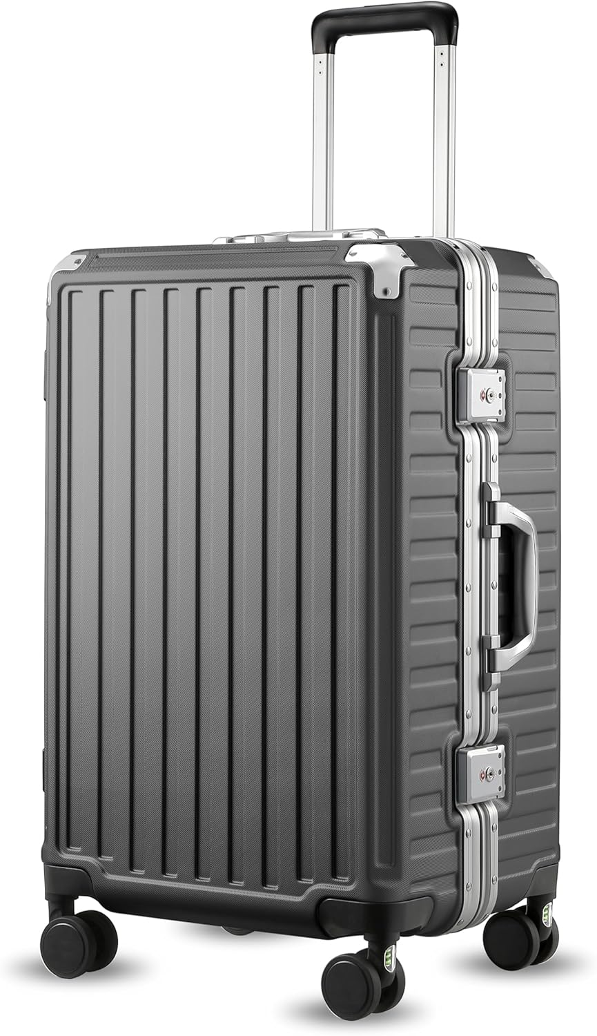 Checked Luggage with Spinner Wheels, 8010S Aluminum Frame Zipperless Polycarbonate Hard Shell Suitcase (ZX-Core, Charcoal Metallic, 24 Inch)