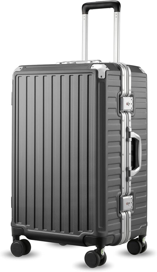 Checked Luggage with Spinner Wheels, 8010S Aluminum Frame Zipperless Polycarbonate Hard Shell Suitcase (ZX-Core, Charcoal Metallic, 24 Inch)