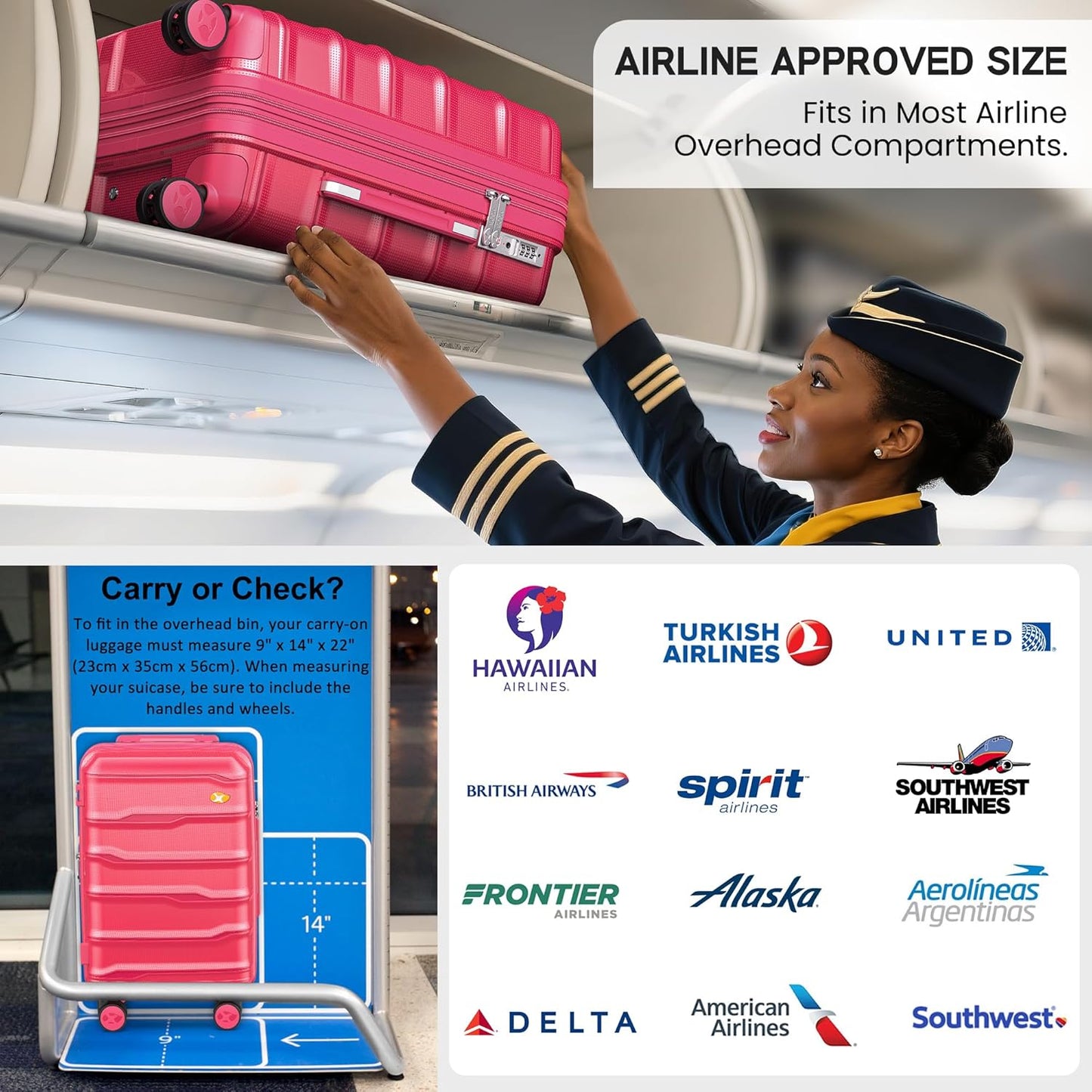 MGB Carry On Luggage 22x14x9 Airline Approved, 20 Inch Lightweight Suitcase Carry On Luggage with Spinner Wheels TSA Lock for Travel Women Men (Amaranth Red)