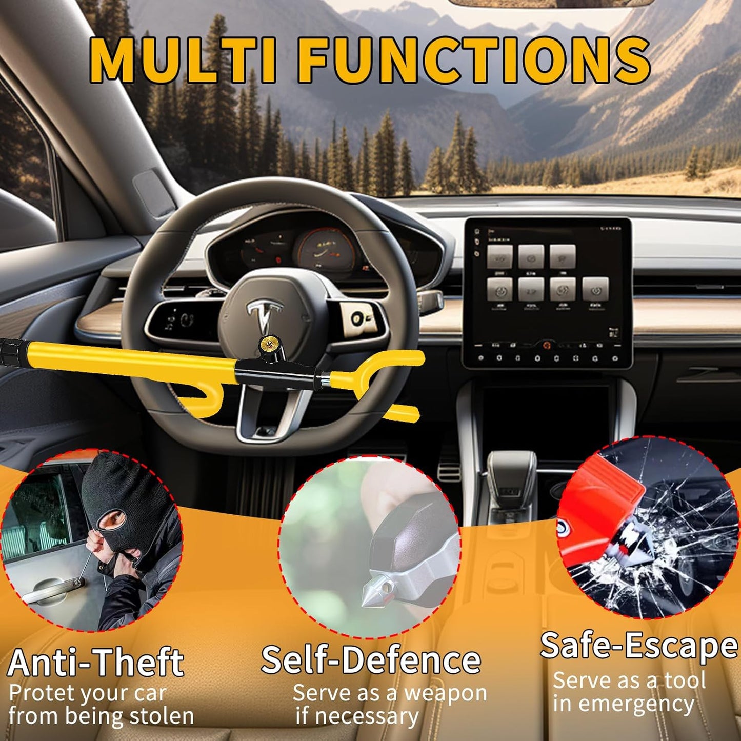 Steering Wheel Lock,Heavy Duty Anti-Theft Car Device,Adjustable Length Locking with 3 Keys Universal Fit for Cars Trucks Vans and SUVs (Yellow)