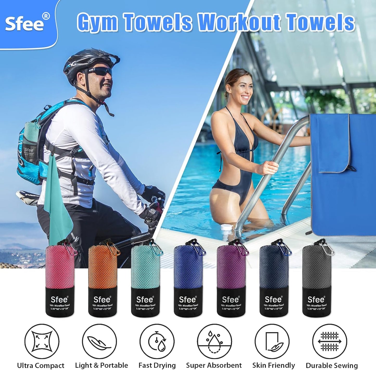 Sfee 2 Pack Microfiber Travel Towel, Quick Dry Towel Camping Towel Large Beach Towel Super Absorbent Compact Lightweight Sports Gym Towels for Beach, Gym, Hiking, Pool, Backpacking, Bath, Yoga