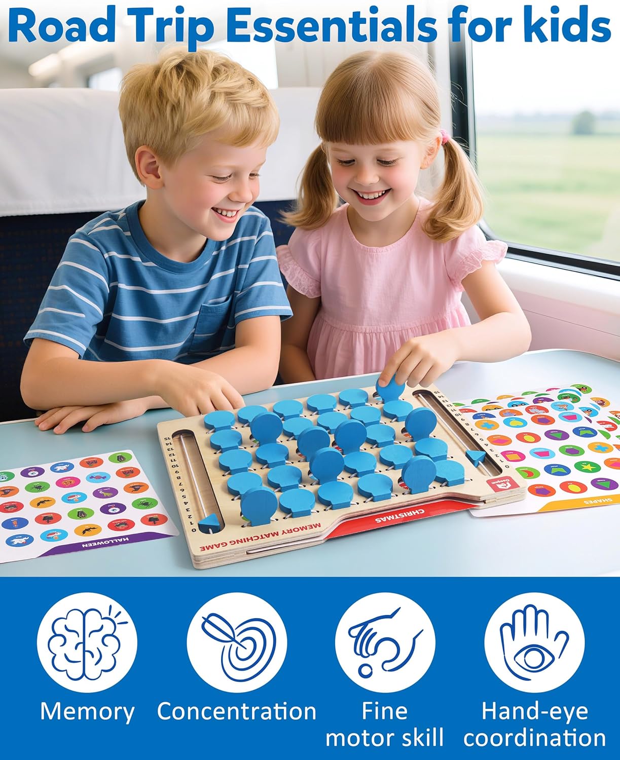 Coogam Memory Matching Game, Wooden Board Travel Toy with Memory Cards, Essential Activity for Road Trip Airplane/Car/Camping, Fine Motor Educational Gift Toy for 3 4 5 Year Old Kids