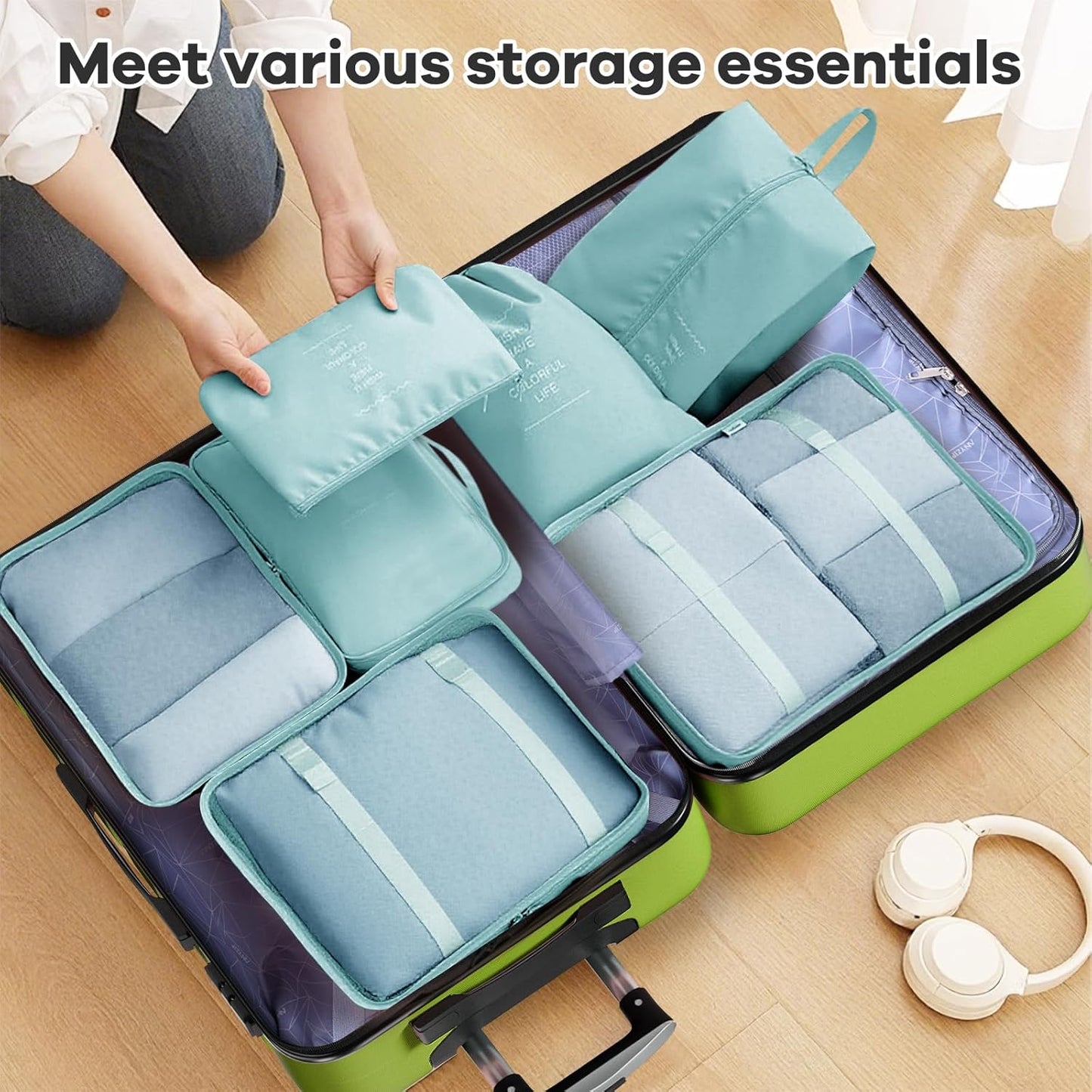 AnyZip Luggage Sets 10 Piece Hardshell Suitcase Set PC ABS Lightweight Travel Suitcases with 4 Double Spinner Wheels TSA Lock 20 24 28 Inch with 7 Storage Bags Apple Green