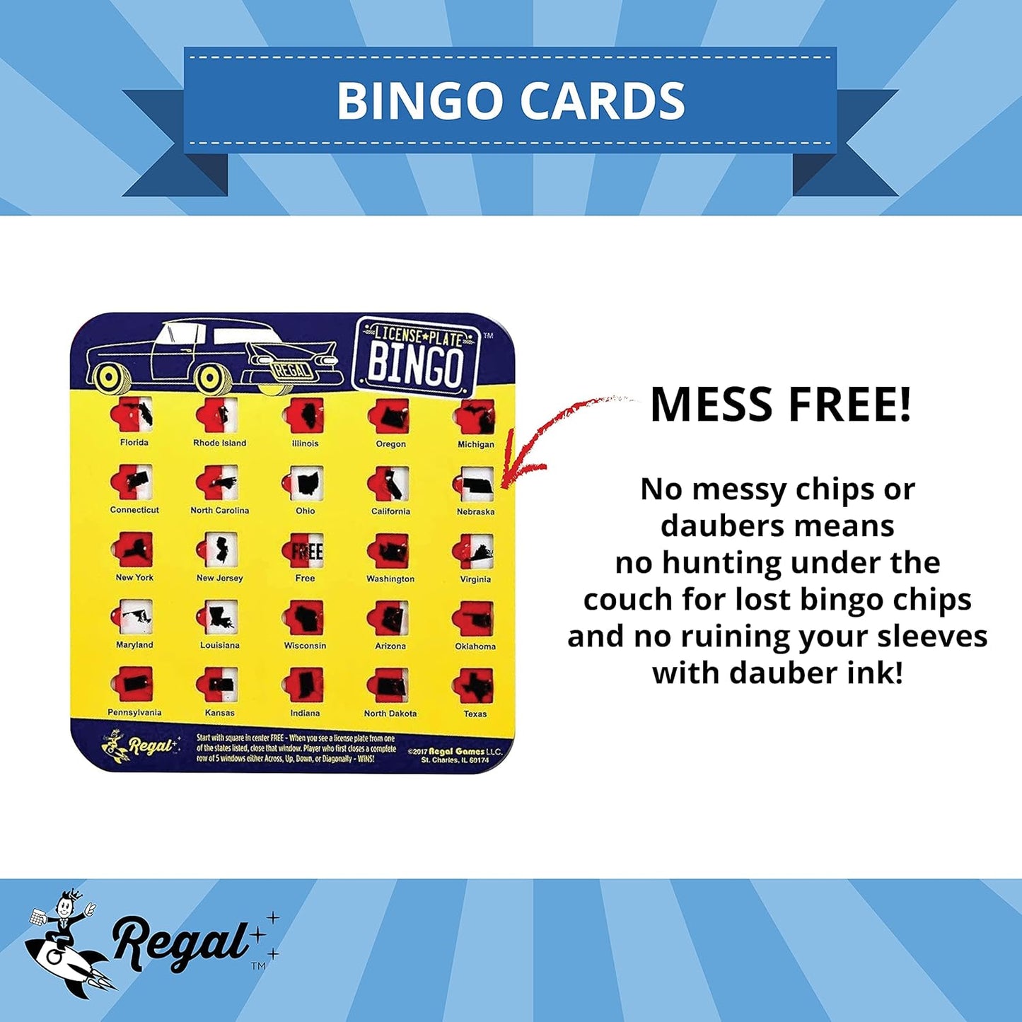 Regal Games Finger-Tip Shutter Bingo Cards with Sliding Windows - License Plate & Travel Bingo Game Set for Adults & Kids - Reusable, No Chips & Daubers Needed - 4 Packs - Yellow