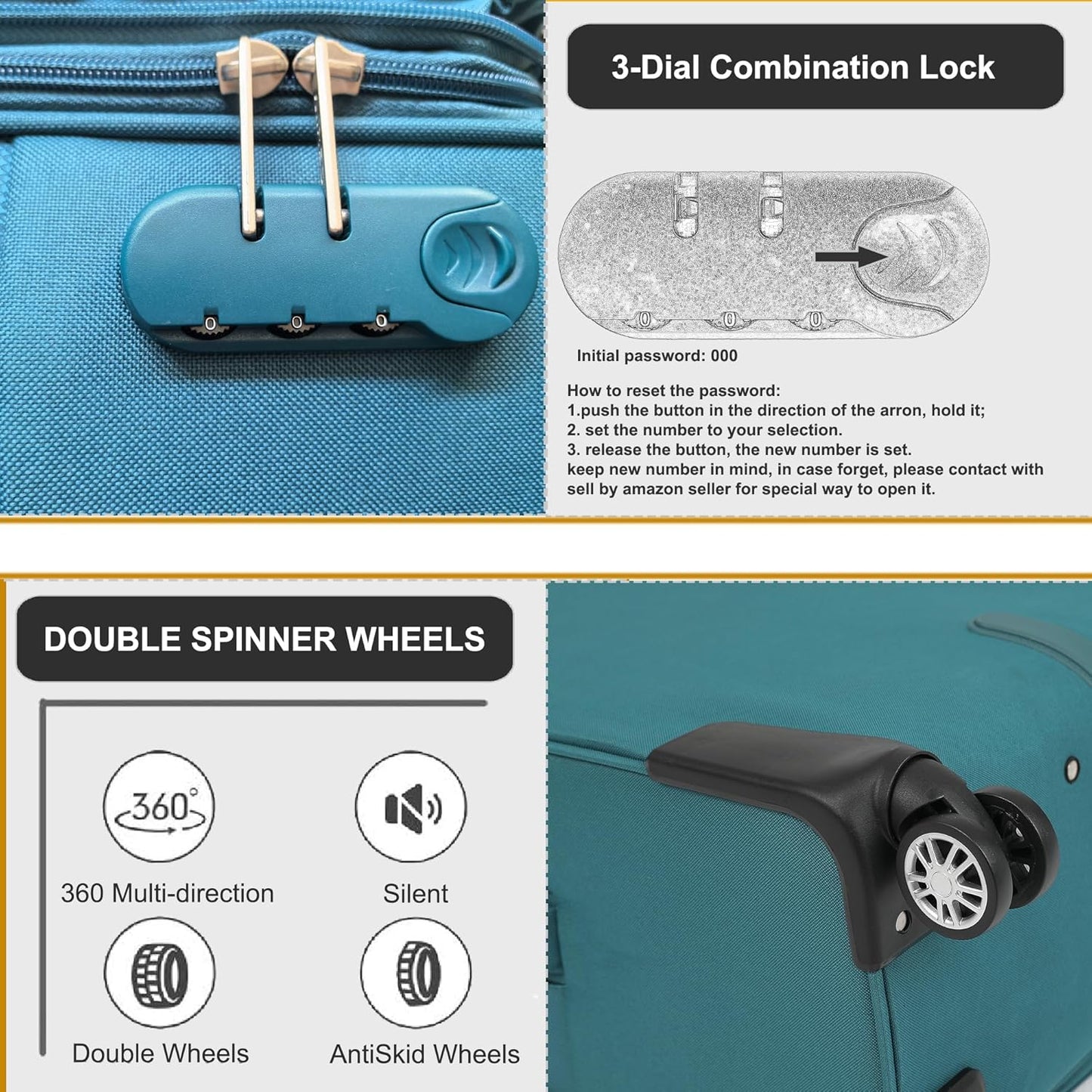 Luggage Sets 3Piece Softside Extra Large Size Expandable Lightweight Durable Suitcase Sets Double Spinner Wheels Combination Lock Blue Luggage For Overseas Journey(22in/26in/30in)(Teal)