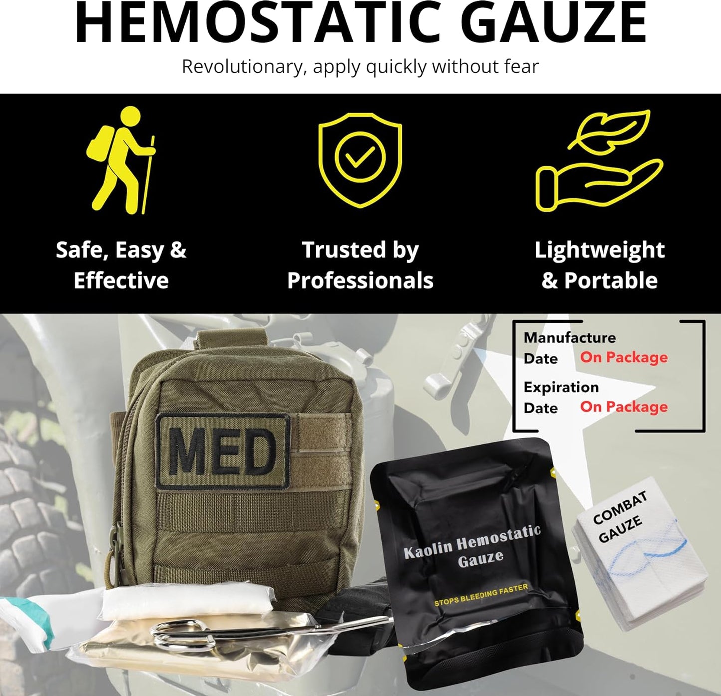 First Aid Advanced Quick Clotting Combat - Flexible Hemostatic - Stop The Bleed kit Faster Wound Packing with Quick Clotting Medical - Survival Kit Supplies - 3" x 12.5' (CT-GAUZE2)