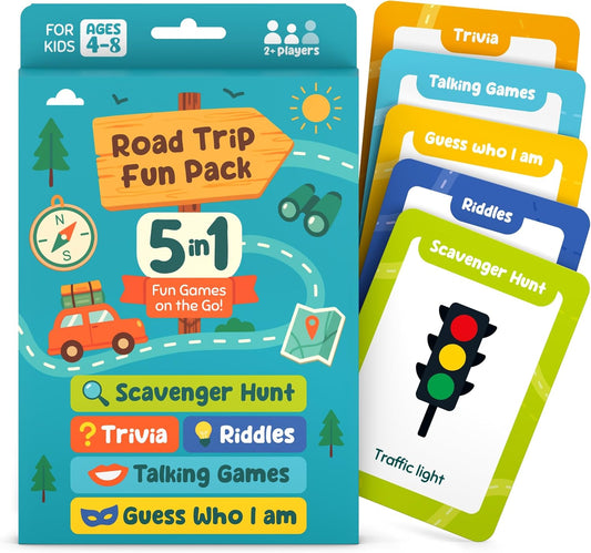 WELL BALANCED 5-in-1 Road Trip Games for Kids Ages 4-8 – Car Games, Riddles, Trivia, Scavenger Hunt – Car Ride Essentials for Screen-Free Fun – Road Trip Activities for Kids