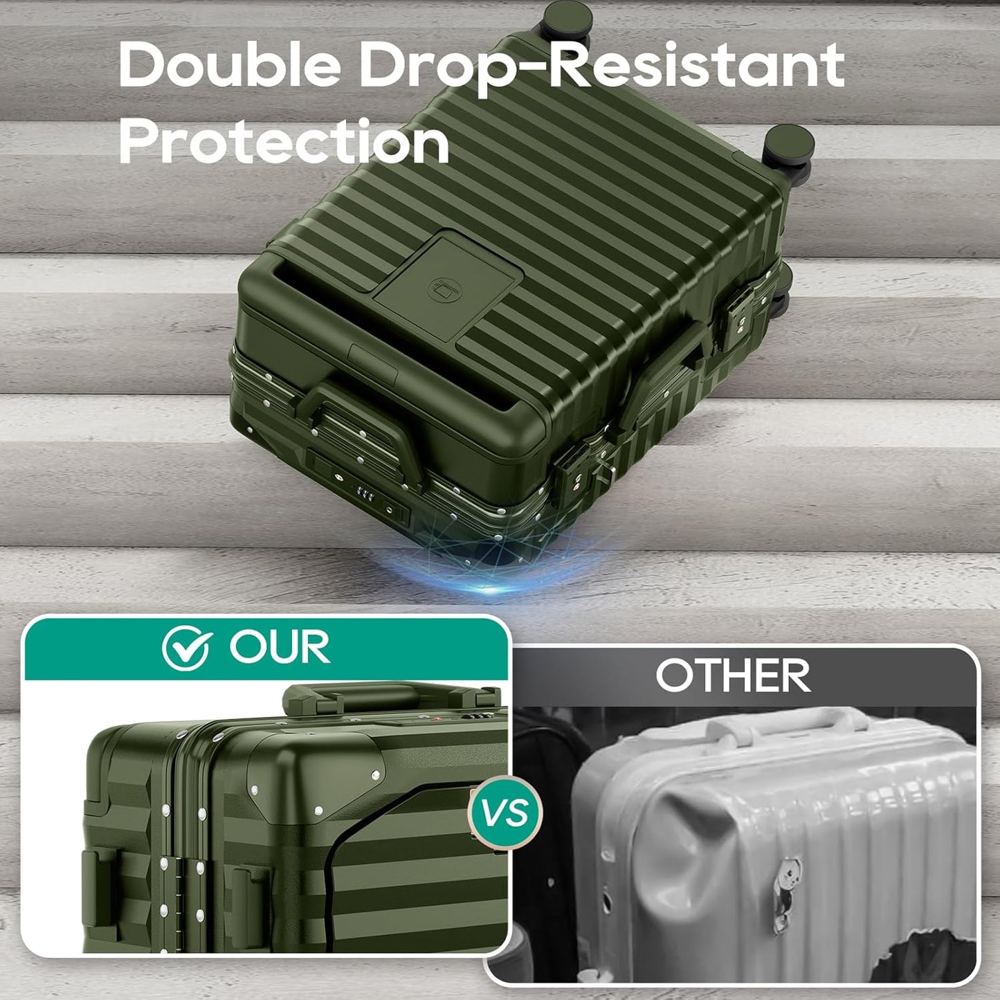 Joyway 20 Inch Carry on Luggage with Aluminium Frame and Front Pocket, PC Hardshell Suitcase with USB Port and Cup Holder, 21.5x14.2x9 Airline Approved Luggage with Spinner Wheel, TSA Lock(Dark Green)